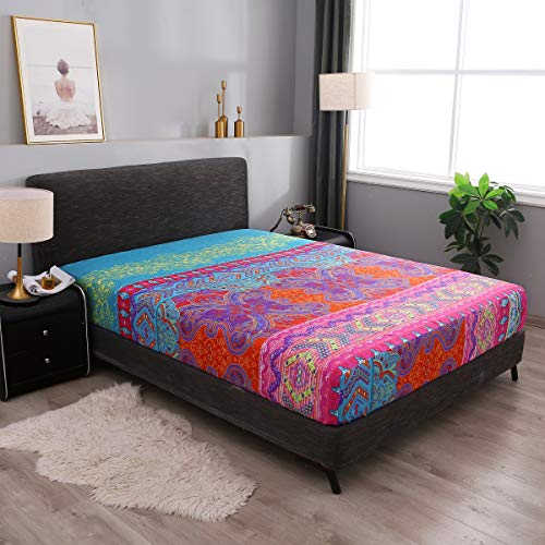 Pangzi Bohemian Retro Bedding Sheet Set,Boho -1 Fitted Sheet, 1 Flat, 2 Pillow Cases - 4 Piece (Queen, Red) - Image 3