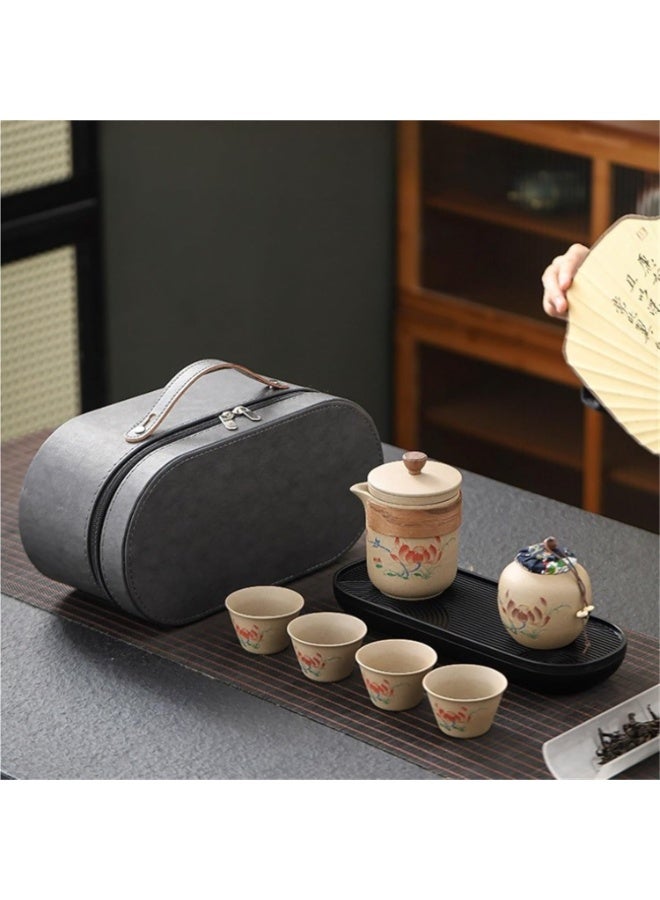 هومستر طقم سفر صيني للشاي بورسلان تصميم اللوتس، 7 قطع كاملة (إبريق وأكواب خزفية) مع حافظة حمل، مثالي للتخييم والمكتب والمنزل | هدية أنيقة - Image 5