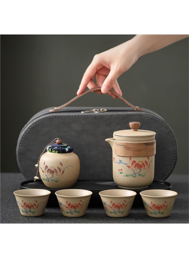 HOMESTAR Lotus Chinese Porcelain Travel Tea Set, 7 Pcs Portable Ceramic Tea Pot & Cups Gift Set with Carrying Case for Camping, Office, Home Use - Image 1
