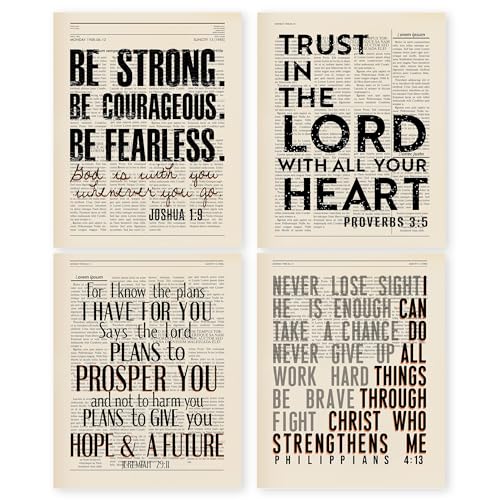 HRQKO Vintage Bible Verses Christian Office Wall Art Poster Set of 4, Scripture Joshua 1: 9 Printing Posters Wall Decor, Inspirational Be Strong Be Courageous Prints for Home Office 8”x10” Unframed - Image 1