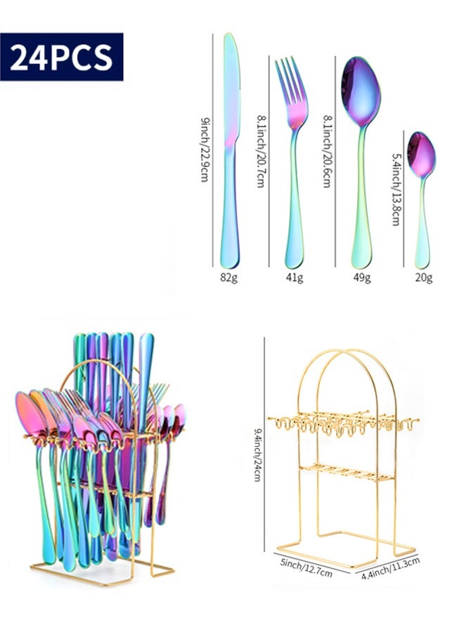 24 Pieces Stainless Steel Flatware Set Rainbow Flatware Cutlery Set With Stand Include Knife Fork Spoon Multipurpose Use for Home and Kitchen Mirror Polished, Dishwasher Safe - Image 4
