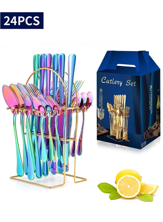24 Pieces Stainless Steel Flatware Set Rainbow Flatware Cutlery Set With Stand Include Knife Fork Spoon Multipurpose Use for Home and Kitchen Mirror Polished, Dishwasher Safe - Image 1