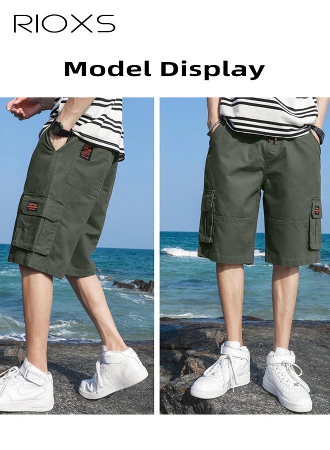 RIOXS Men's Cargo Shorts, Outdoor Quick-Drying Wide Leg Sports Shorts, Loose Fit Elastic Waistband Drawstring Shorts for Men, Summer Casual Loose Cargo Short Pants with Multiple Large Pockets, Stretch Lightweight Shorts for Golf, Fishing, Hiking, Jogging, Workout and More, Army Green - Image 4