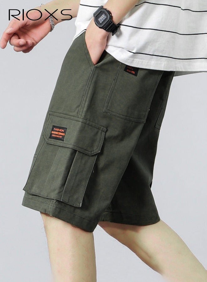 RIOXS Men's Cargo Shorts, Outdoor Quick-Drying Wide Leg Sports Shorts, Loose Fit Elastic Waistband Drawstring Shorts for Men, Summer Casual Loose Cargo Short Pants with Multiple Large Pockets, Stretch Lightweight Shorts for Golf, Fishing, Hiking, Jogging, Workout and More, Army Green - Image 2