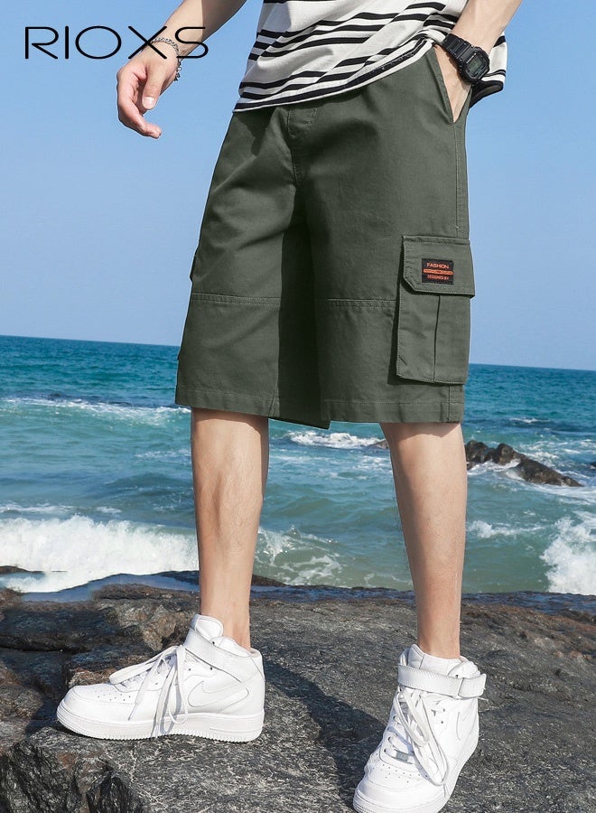 RIOXS Men's Cargo Shorts, Outdoor Quick-Drying Wide Leg Sports Shorts, Loose Fit Elastic Waistband Drawstring Shorts for Men, Summer Casual Loose Cargo Short Pants with Multiple Large Pockets, Stretch Lightweight Shorts for Golf, Fishing, Hiking, Jogging, Workout and More, Army Green - Image 3