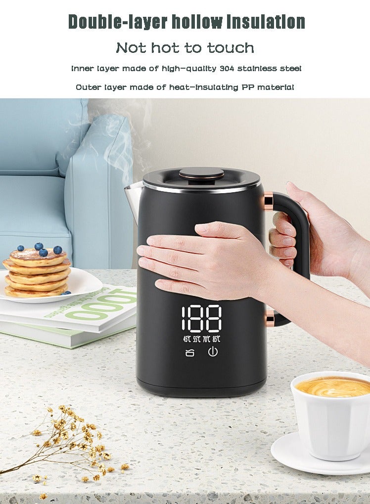 ريويل غلاية كهربائية، 1700 مل، 1500 واط، سريعة الغليان من الفولاذ المقاوم للصدأ، إيقاف تلقائي، درجة حرارة ثابتة لمدة 16 ساعة، مناسبة لرحلات العمل والتخييم والسفر والمكتب والمنزل، لون أسود - Image 2