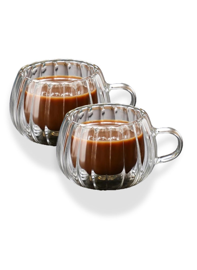 OQUERA - Pack of 2 Japanese Style Stripe Glass Double Wall Cup: Transparent Water Glasses Drinkware Tumbler Cups with Handle - Insulated Borosilicate Tea Coffee Mug 150ml - Image 1