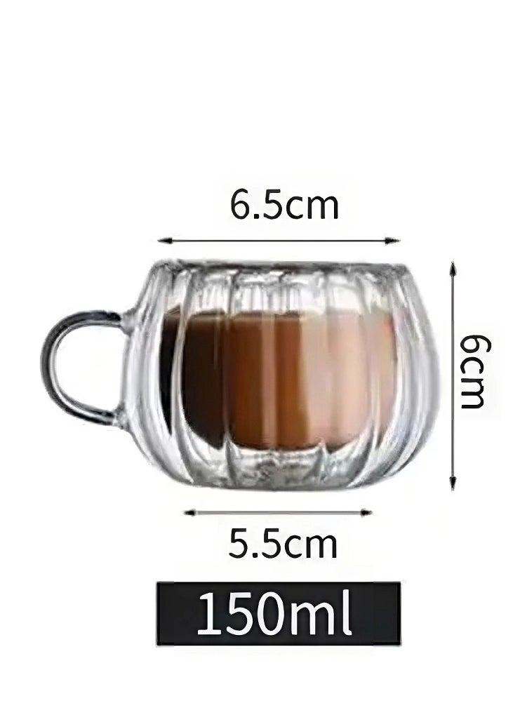 OQUERA - Pack of 2 Japanese Style Stripe Glass Double Wall Cup: Transparent Water Glasses Drinkware Tumbler Cups with Handle - Insulated Borosilicate Tea Coffee Mug 150ml - Image 1