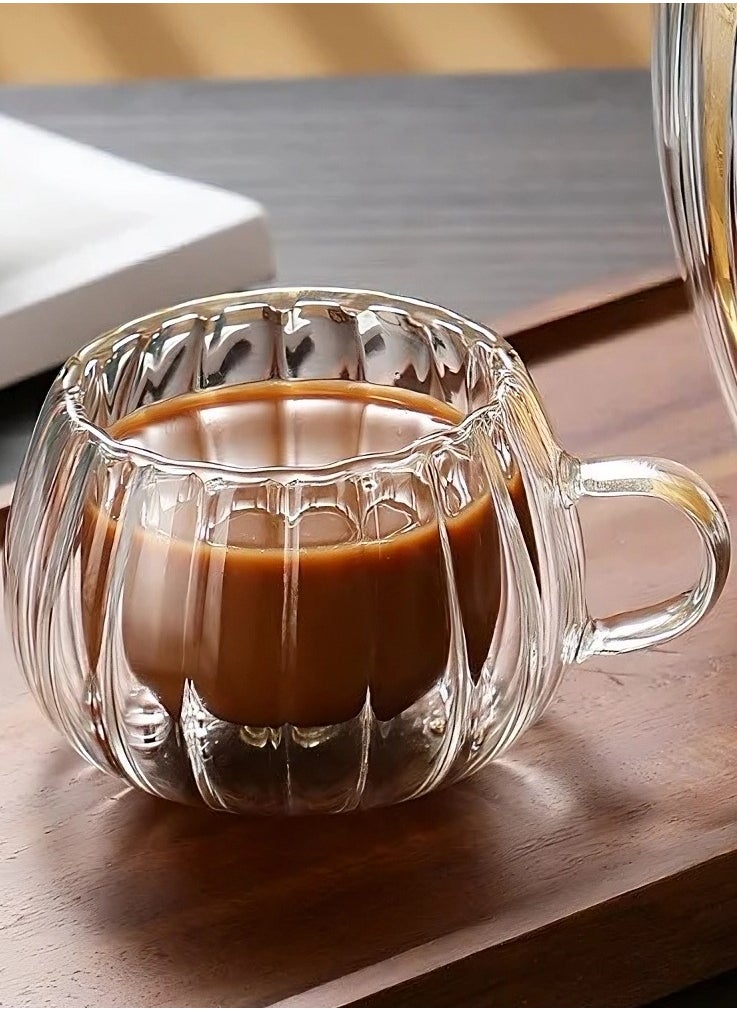 OQUERA - Pack of 2 Japanese Style Stripe Glass Double Wall Cup: Transparent Water Glasses Drinkware Tumbler Cups with Handle - Insulated Borosilicate Tea Coffee Mug 150ml - Image 1