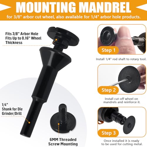 Funnytek 3 inch Cut Off Wheels with 1/4" Mounting Mandrel Kit, Mini Cutting Wheels Cutter Discs with 3/8" Arbor Hole for Die Grinder Cut-Off Wheels Mandrel Kit for Metal, Tile, Cement (15pcs +1pack Mandrel) - Image 5