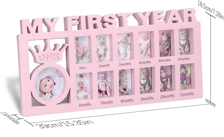 Home Elements Baby First Year Photo Frame, Monthly Milestone Picture Collage, 13 Photo Slots with Crown Design, Tabletop Photo Frame Gift For Newborn Baby - 39x18.5cm (Blue) - Image 2