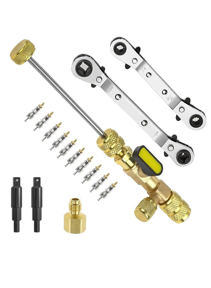 Valve Core Remover Installer Tool and HVAC Service Wrench Set with Dual Size SAE 1/4 and 5/16 Port 3/8'' to 1/4'' 5/16'' x 1/4'' Refrigeration Service Wrench Hex Bit Adapters and 10pcs Valve Core - Image 1