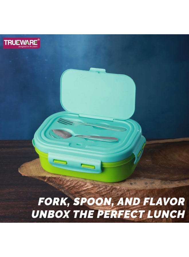 Trueware POKO Junior Steel Lee Pu Insulated Hot Lunch Box 600ML Big Container and 150 ML Veggie Container | BPA Free | Food Grade | Keep Food hot,with spoon & fork - Image 3