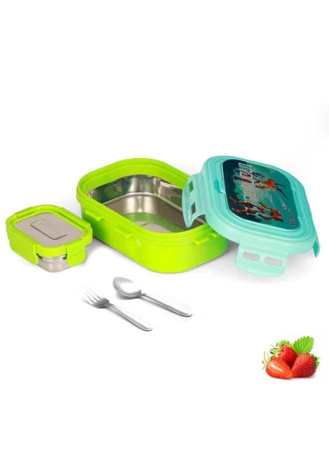Trueware POKO Junior Steel Lee Pu Insulated Hot Lunch Box 600ML Big Container and 150 ML Veggie Container | BPA Free | Food Grade | Keep Food hot,with spoon & fork - Image 1