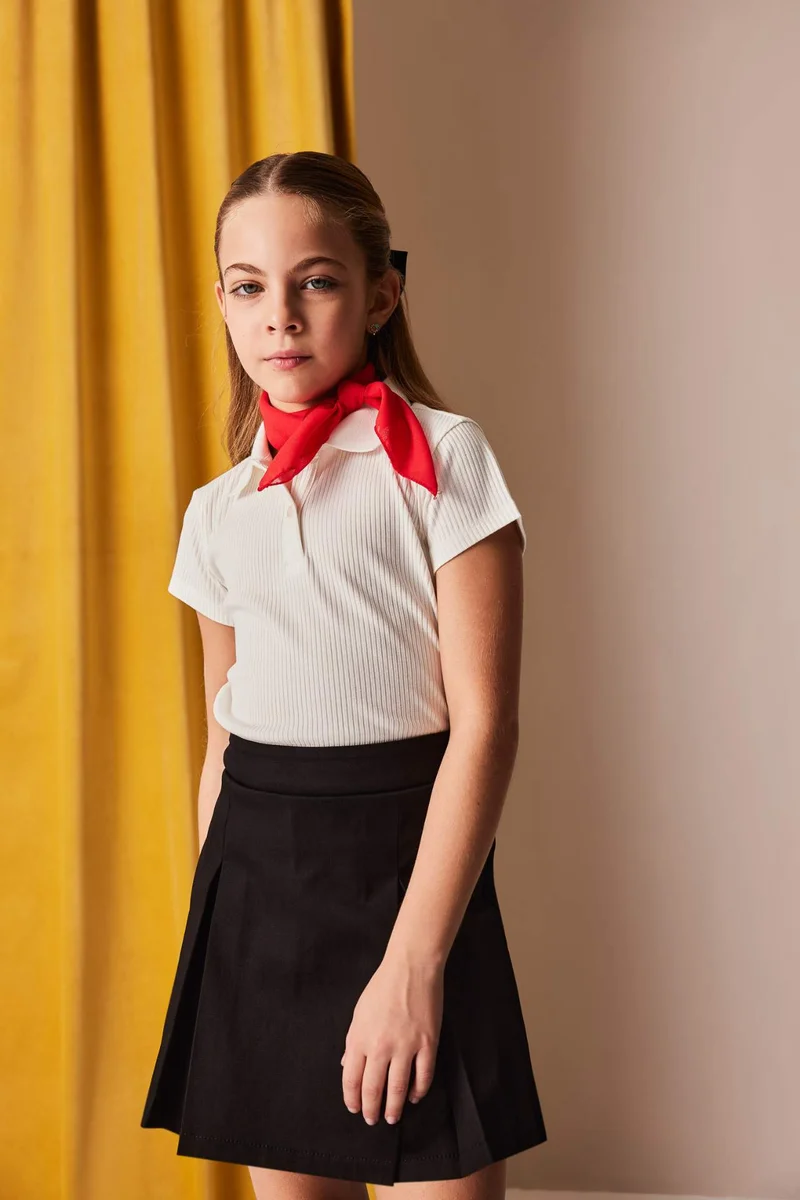 ديفاكتو Girl Slim Fit Polo Neck Basic Ribbed Camisole Polo T-Shirt