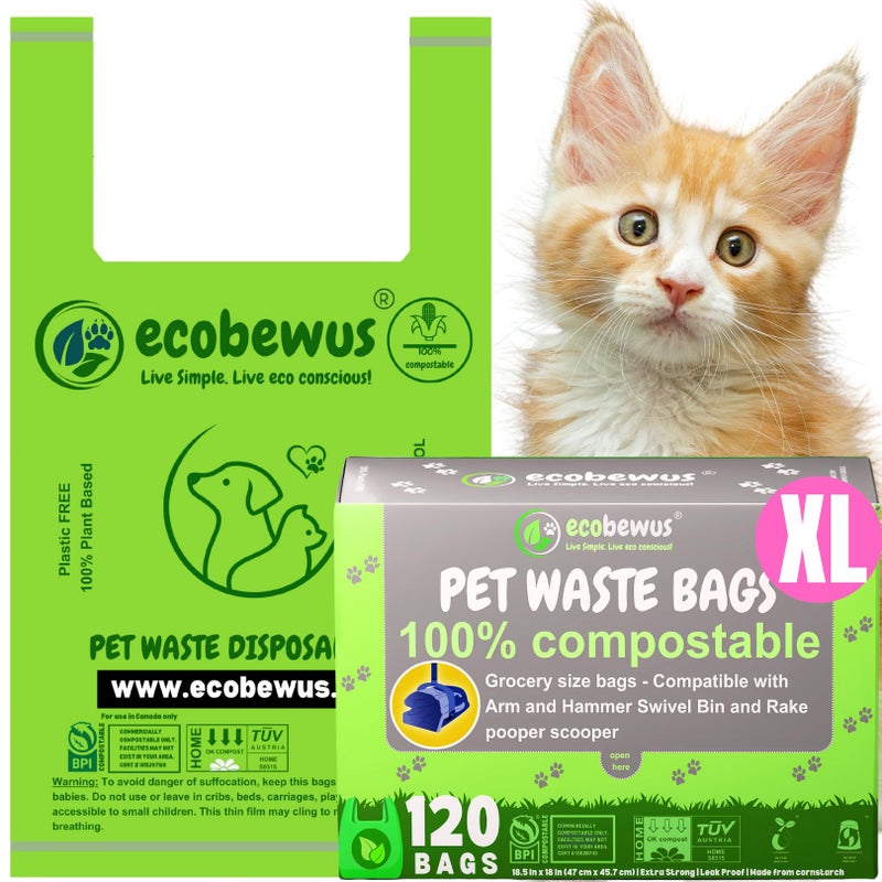 ecobewus 100% Compostable Pet Cat Waste Disposal Bag (120 Bags) Plant-Based Cat Litter Dog Poop Pickup Bags with Handles Diaper Sacks Disposable Bags US BPI ASTM D6400 & OK Compost Home Certified (120 ct.) - Image 1