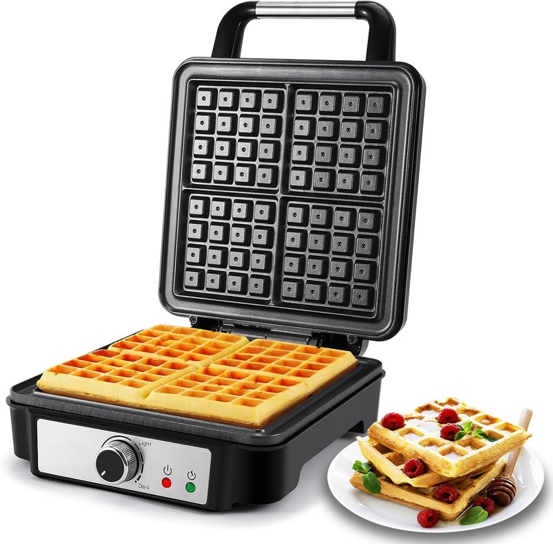 yashe Belgian Waffle Maker, 4-Slice Square Waffle Maker, 1200W Waffle Iron with 5 Browning Knob, Indicator Lights, Anti-overflow, Non-Stick Coating, 1200W, Silver/Black - Image 1