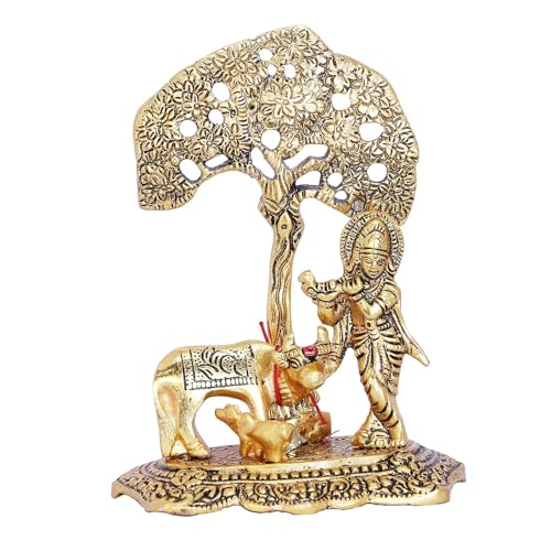 Chhariya Crafts Metal Krishna with Cow and Calf Statue Standing Under Tree Plying Flute and Love Bird Kumkum Box for Home and Office Temple Pooja Room Gift Item Decorative Showpieces - 17 cm - Image 3