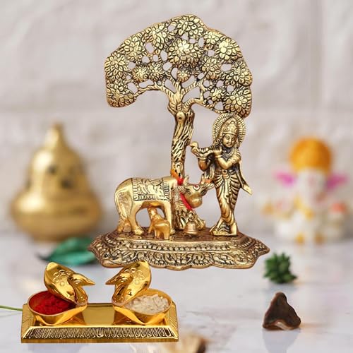 Chhariya Crafts Metal Krishna with Cow and Calf Statue Standing Under Tree Plying Flute and Love Bird Kumkum Box for Home and Office Temple Pooja Room Gift Item Decorative Showpieces - 17 cm - Image 1