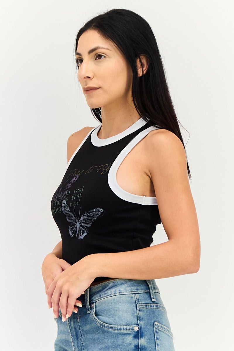 FOREVER 21 تي شيرت بلا أكمام بتصميم جرافيكي للنساء، أسود - Image 2