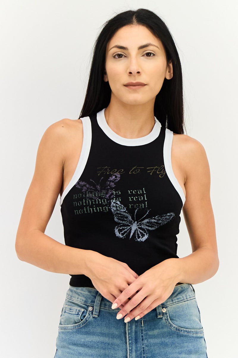 FOREVER 21 تي شيرت بلا أكمام بتصميم جرافيكي للنساء، أسود - Image 1