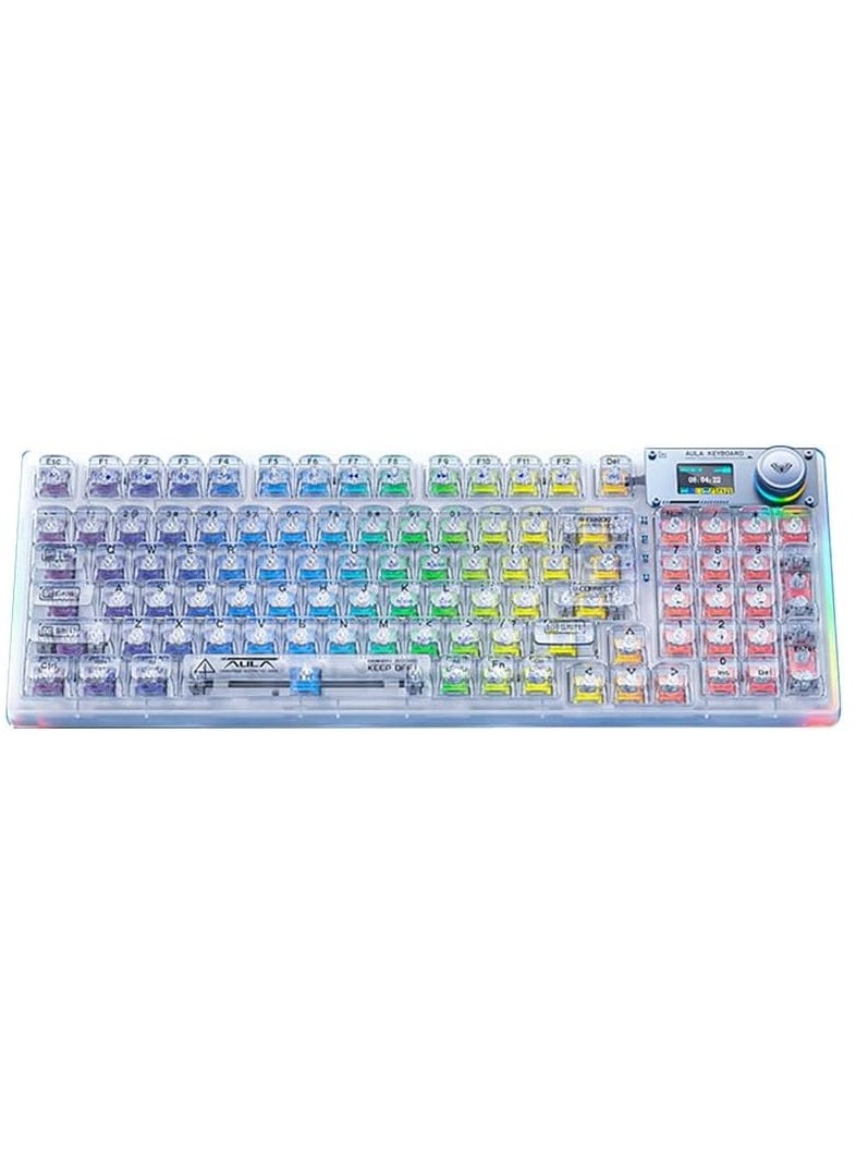 AULA - F98 Pro Wireless Mechanical Keyboard with Transparent Keycaps, Hot-swappable, Pre-lubed Crystal Switch, Gasket Structure, RGB Backlit, OLED Screen,BT5.0/2.4G/USB-C Wired Computer Keyboard - Image 1