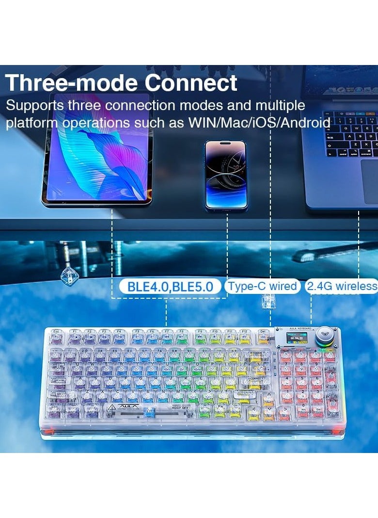 AULA - F98 Pro Wireless Mechanical Keyboard with Transparent Keycaps, Hot-swappable, Pre-lubed Crystal Switch, Gasket Structure, RGB Backlit, OLED Screen,BT5.0/2.4G/USB-C Wired Computer Keyboard - Image 1