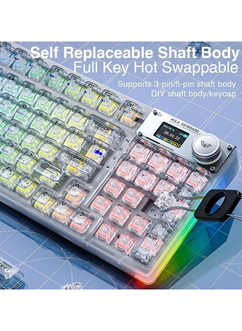 AULA - F98 Pro Wireless Mechanical Keyboard with Transparent Keycaps, Hot-swappable, Pre-lubed Crystal Switch, Gasket Structure, RGB Backlit, OLED Screen,BT5.0/2.4G/USB-C Wired Computer Keyboard - Image 1