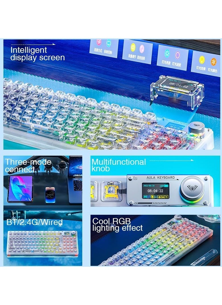 AULA - F98 Pro Wireless Mechanical Keyboard with Transparent Keycaps, Hot-swappable, Pre-lubed Crystal Switch, Gasket Structure, RGB Backlit, OLED Screen,BT5.0/2.4G/USB-C Wired Computer Keyboard - Image 1
