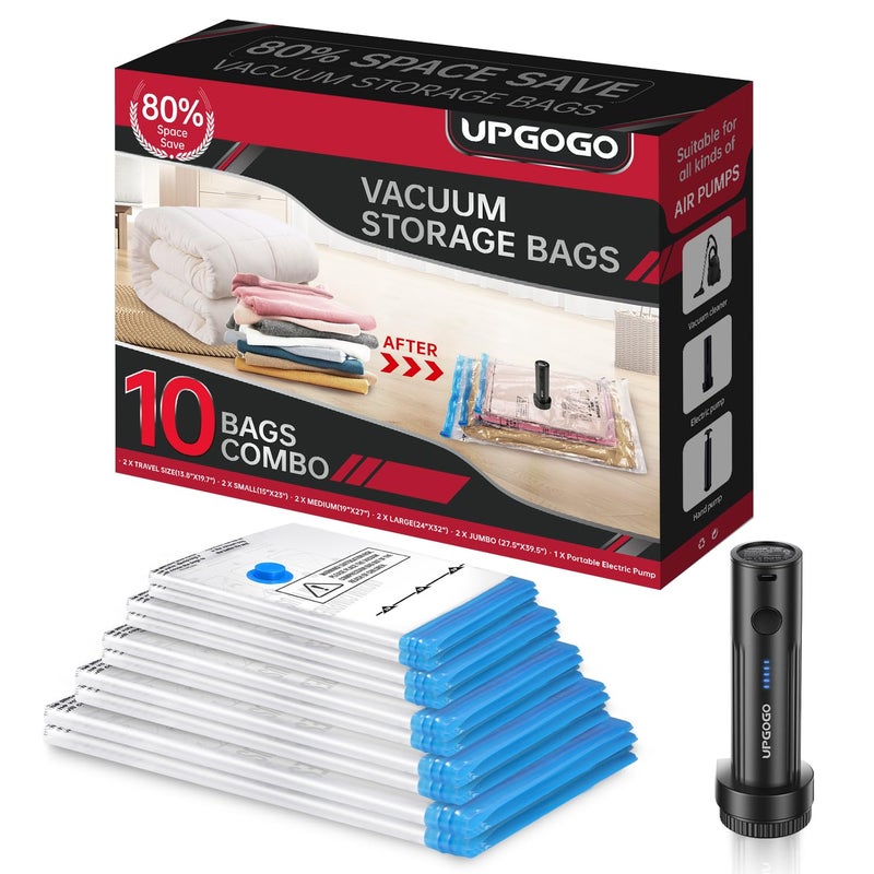 UPGOGO Vacuum Storage Bags with Portable Electric Pump,Vacuum Seal Bags for Clothing,Space Saver Bags,Vacuum Travel Bags for Luggage(Combo 10 Pack) - Image 1