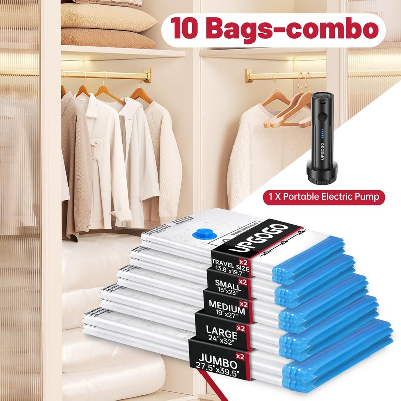 UPGOGO Vacuum Storage Bags with Portable Electric Pump,Vacuum Seal Bags for Clothing,Space Saver Bags,Vacuum Travel Bags for Luggage(Combo 10 Pack) - Image 2