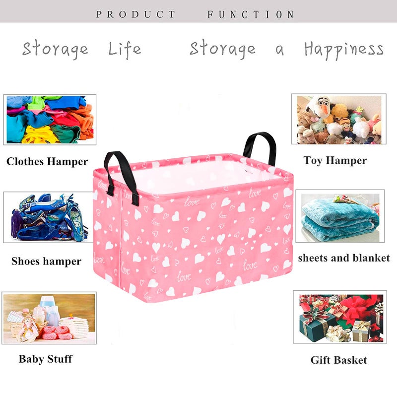 KUNRO Rectang Heart Pattern Valentine's Storage Basket Gift Shelf Basket Storage Bin, Nursery Basket Organizer Box for With Handles for Room Deco - Image 5