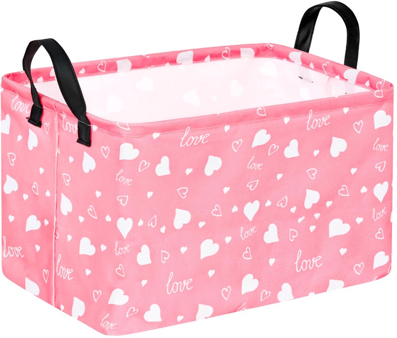 KUNRO Rectang Heart Pattern Valentine's Storage Basket Gift Shelf Basket Storage Bin, Nursery Basket Organizer Box for With Handles for Room Deco - Image 1