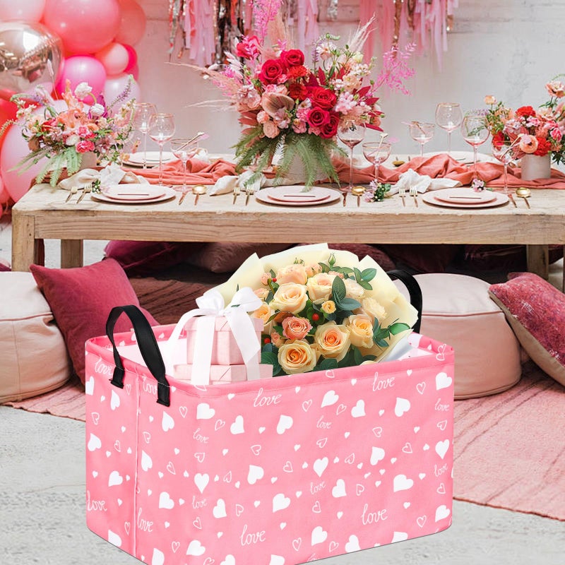 KUNRO Rectang Heart Pattern Valentine's Storage Basket Gift Shelf Basket Storage Bin, Nursery Basket Organizer Box for With Handles for Room Deco - Image 2