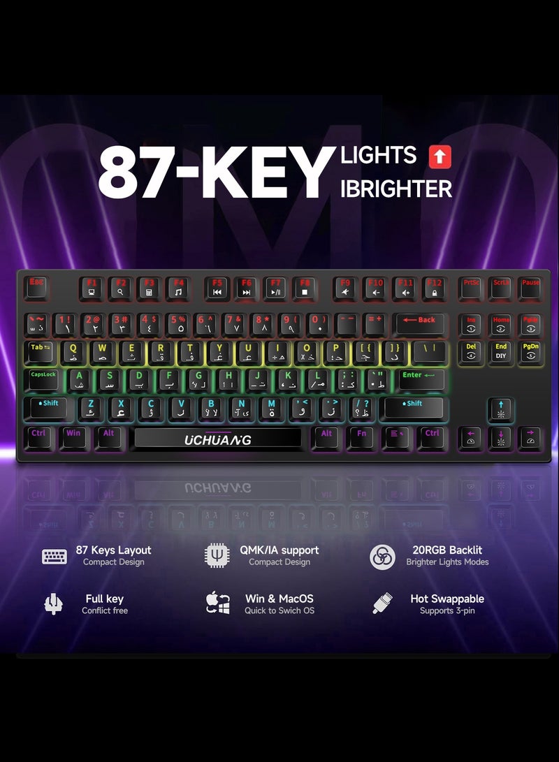 UCHUANG RGB English Arabic Gaming Keyboard and DPI Mouse Combo 87 Keys Mechanical LED Backlit USB Wired Keyboard with 7 Colors Mouse Quick Response for Windows MacOS Android PC Gamers Black - Image 2