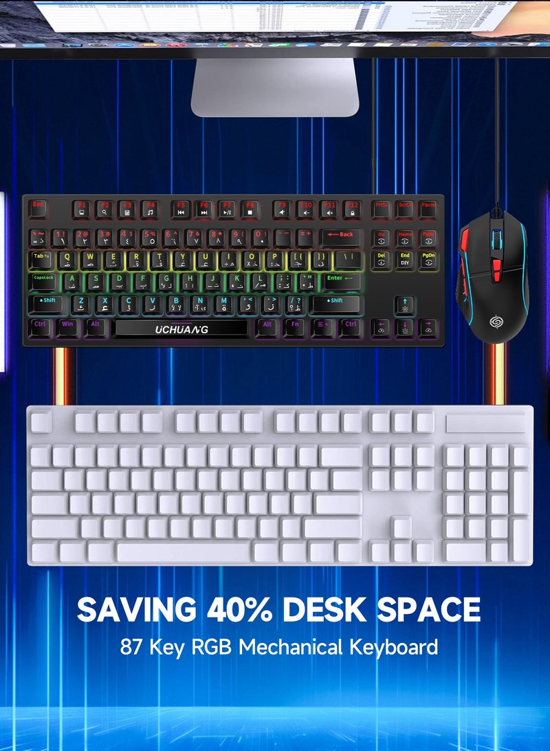 UCHUANG RGB English Arabic Gaming Keyboard and DPI Mouse Combo 87 Keys Mechanical LED Backlit USB Wired Keyboard with 7 Colors Mouse Quick Response for Windows MacOS Android PC Gamers Black - Image 3