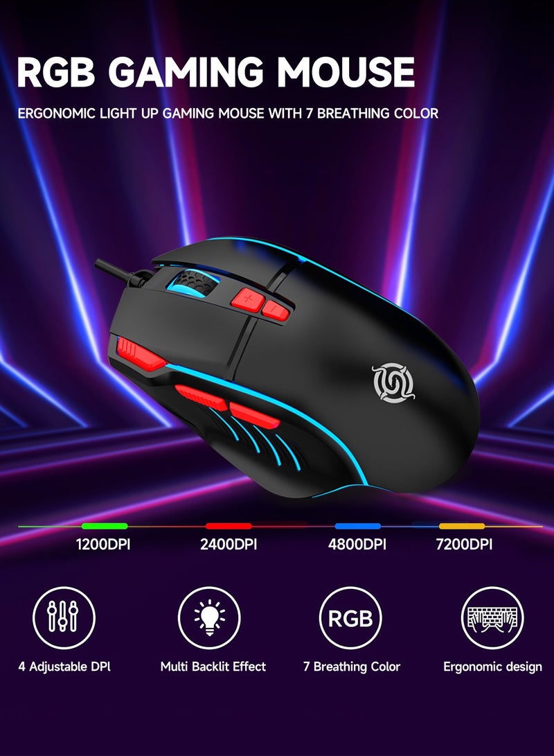 UCHUANG RGB English Arabic Gaming Keyboard and DPI Mouse Combo 87 Keys Mechanical LED Backlit USB Wired Keyboard with 7 Colors Mouse Quick Response for Windows MacOS Android PC Gamers Black - Image 5