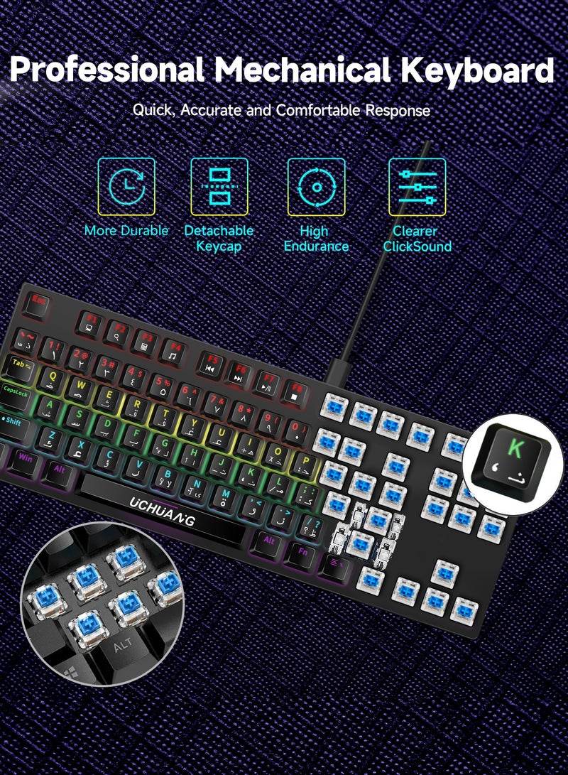 UCHUANG RGB English Arabic Gaming Keyboard and DPI Mouse Combo 87 Keys Mechanical LED Backlit USB Wired Keyboard with 7 Colors Mouse Quick Response for Windows MacOS Android PC Gamers Black - Image 4