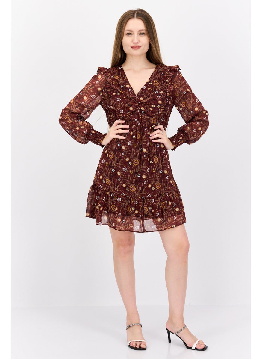 Black Tape - Women Floral Print Mini Dress, Brown Combo - Image 1