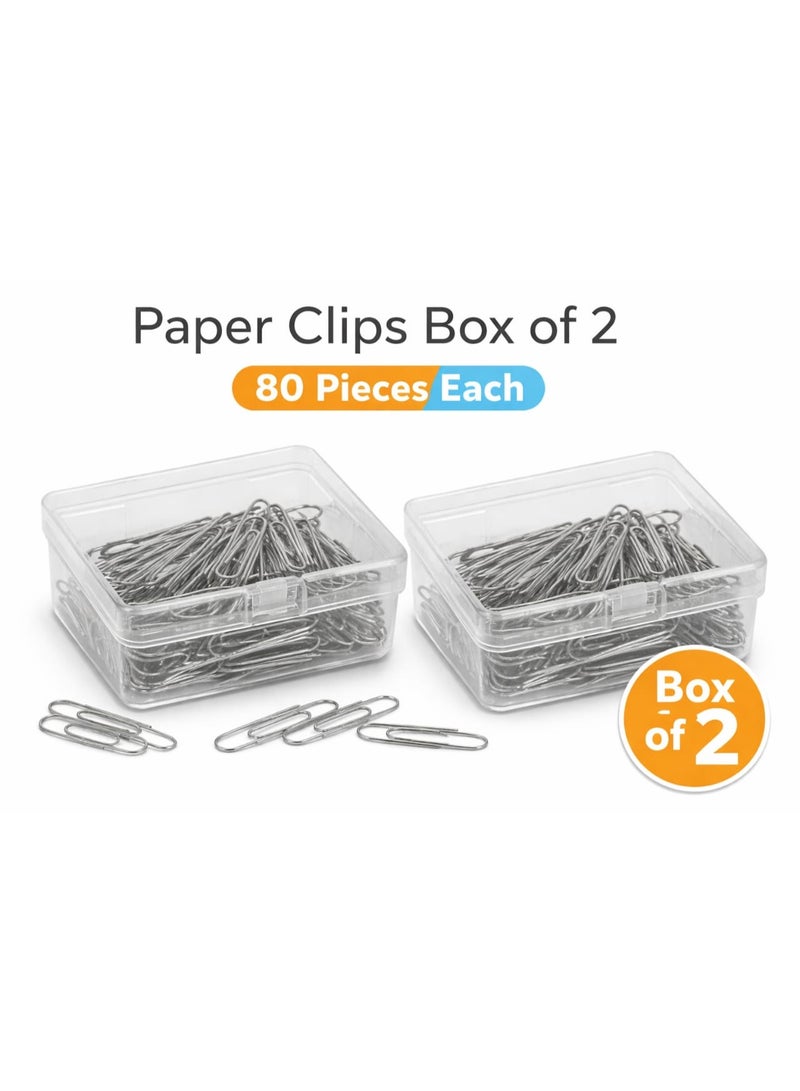 Fikriyah Paper Clips Box of 2 – 80 Pieces Each – Durable Metal Paper Clips in Clear Storage Case - Image 1