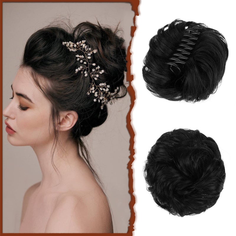 SOFEIYAN Claw Clip Messy Bun Hair Piece Wavy Curly Hair Bun Clip in Claw Chignon Ponytail Hairpieces Synthetic Tousled Updo Hair Extensions Scrunchie Hairpiece for Women Jet Black