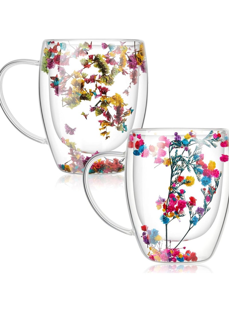 2Pcs Double Walled Glass Cup with Handle and Flower 350ML, Double Walled Insulated Drinking Glass Coffee Mugs with Handle, Insulated Layer Coffee Cups, Clear With Flowers Mugs for Latte, Cappuccinos, Tea Bag, Juice - Image 1