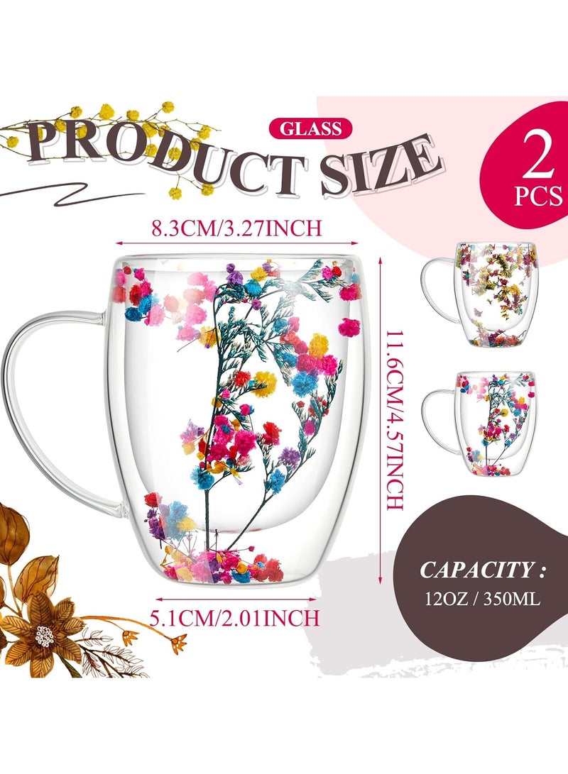 2Pcs Double Walled Glass Cup with Handle and Flower 350ML, Double Walled Insulated Drinking Glass Coffee Mugs with Handle, Insulated Layer Coffee Cups, Clear With Flowers Mugs for Latte, Cappuccinos, Tea Bag, Juice - Image 2