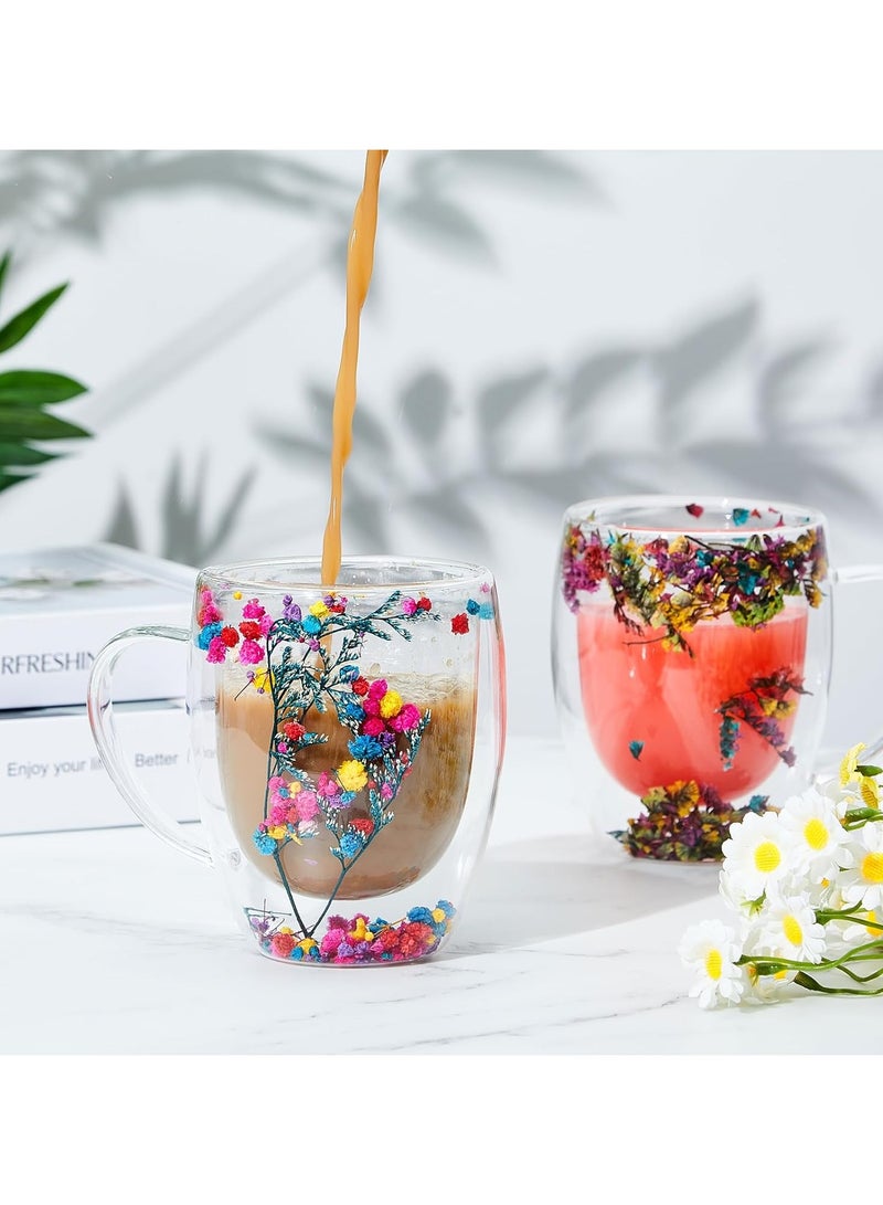 2Pcs Double Walled Glass Cup with Handle and Flower 350ML, Double Walled Insulated Drinking Glass Coffee Mugs with Handle, Insulated Layer Coffee Cups, Clear With Flowers Mugs for Latte, Cappuccinos, Tea Bag, Juice - Image 3