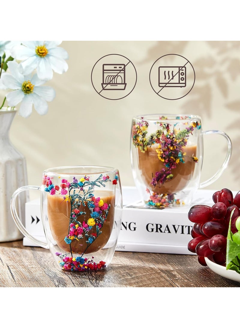 2Pcs Double Walled Glass Cup with Handle and Flower 350ML, Double Walled Insulated Drinking Glass Coffee Mugs with Handle, Insulated Layer Coffee Cups, Clear With Flowers Mugs for Latte, Cappuccinos, Tea Bag, Juice - Image 5