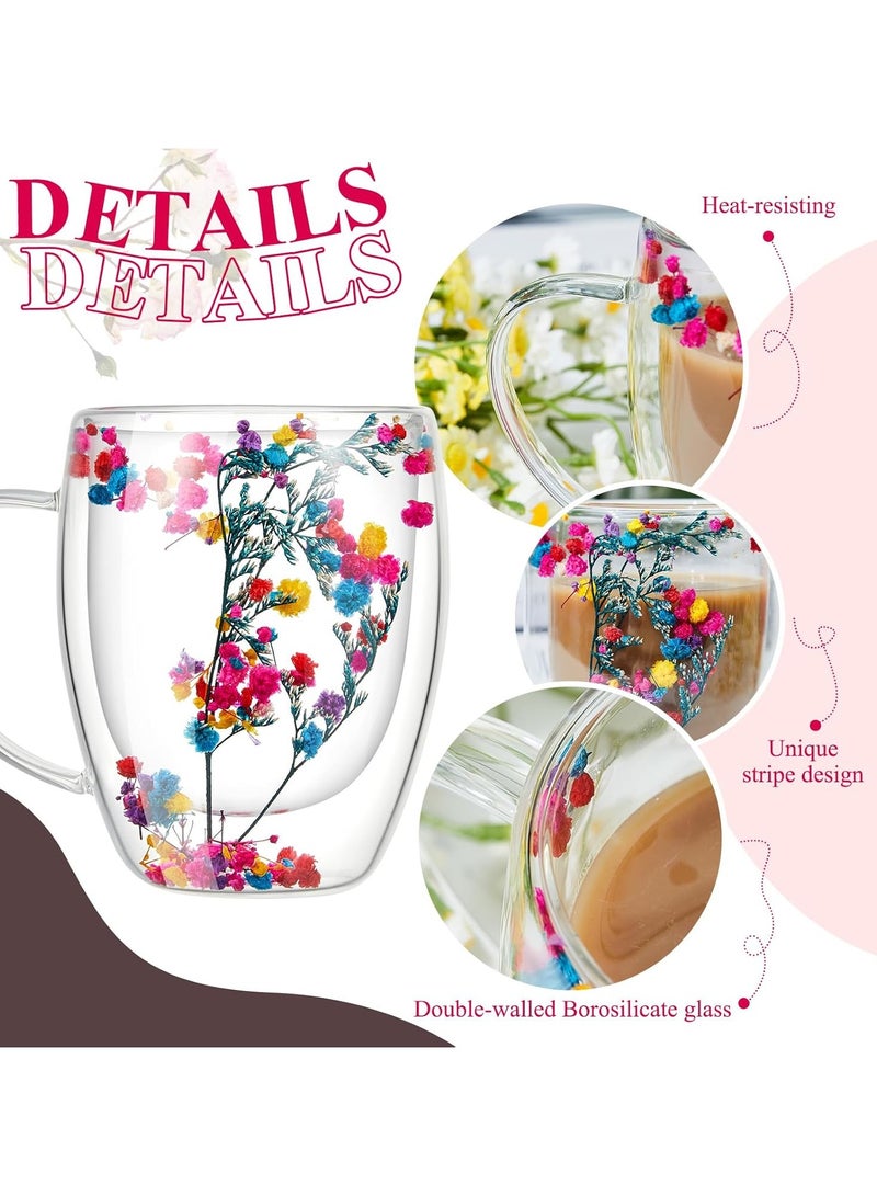 2Pcs Double Walled Glass Cup with Handle and Flower 350ML, Double Walled Insulated Drinking Glass Coffee Mugs with Handle, Insulated Layer Coffee Cups, Clear With Flowers Mugs for Latte, Cappuccinos, Tea Bag, Juice - Image 4
