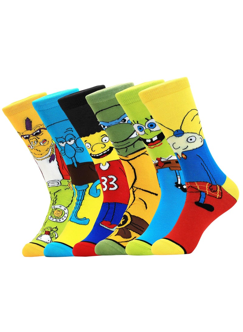 Colorful Cartoon Character Socks for Men and Women - 6 Pack of Fun, Crazy, and Cute Patterned Cotton Dress Crew Socks, Fits Size 8-12 (Multicolored-2) - Image 1