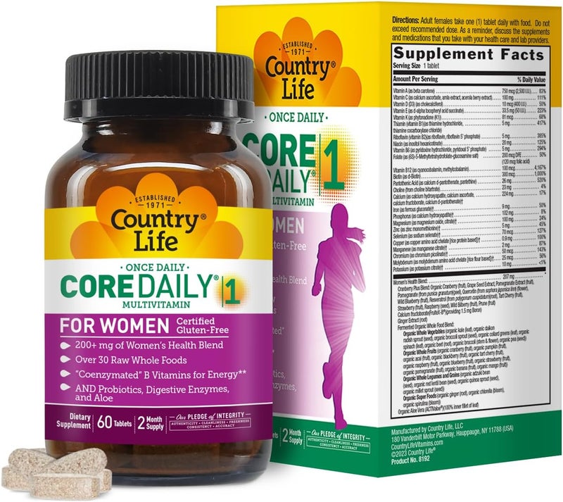 Country Life Womens Core 1 Daily Multivitamin with Iron Cranberry Probiotics and Digestive EnzymesCertified GlutenFree Formula for Energy Immune Support and Complete Digestive Health60 Tablets - Image 1