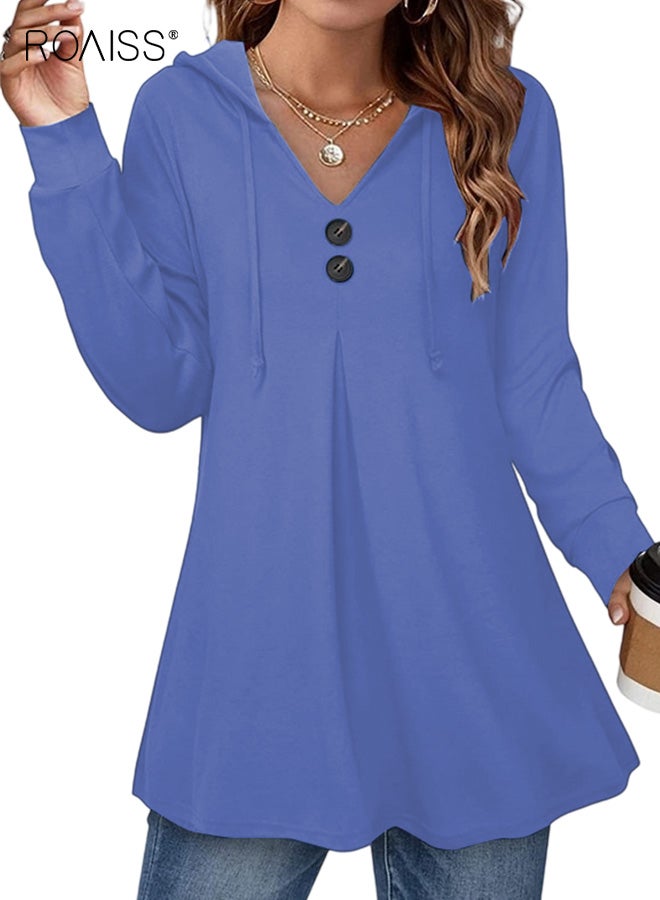 roaiss Women's Casual Blue Hooded T-Shirt with Button Detail Long Sleeve Comfortable Top, Adjustable Drawstring Hood, Breathable Polyester Blend Fabric for Daily Wear - Image 1