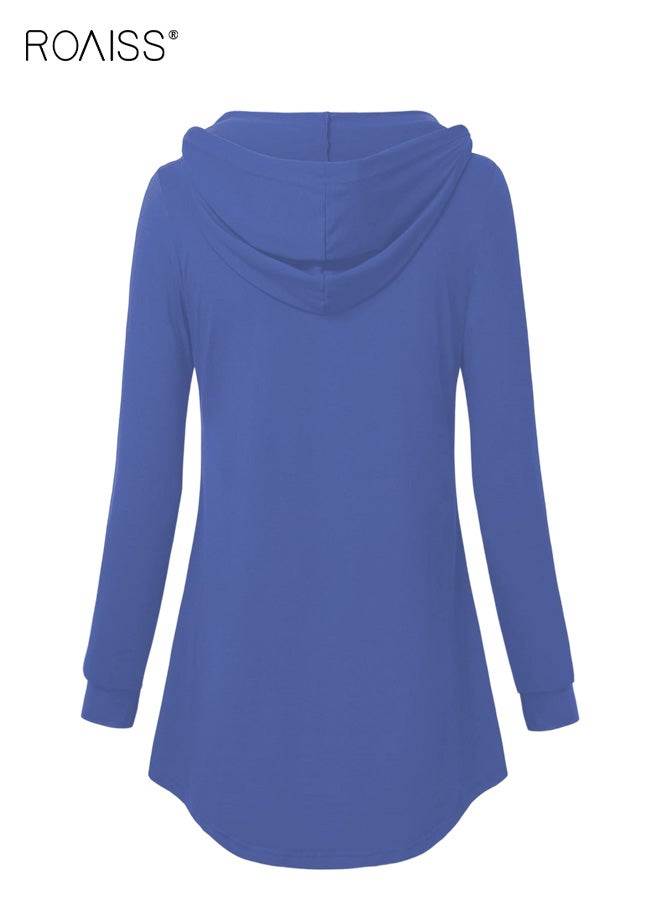 roaiss Women's Casual Blue Hooded T-Shirt with Button Detail Long Sleeve Comfortable Top, Adjustable Drawstring Hood, Breathable Polyester Blend Fabric for Daily Wear - Image 4